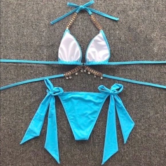 Baby Blue Crystal Rhinestone Halter Tie Bikini Set - Picture 4 of 7